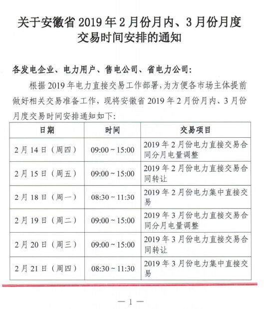  安徽2019年2月份月內(nèi)、3月份月度交易時(shí)間安排